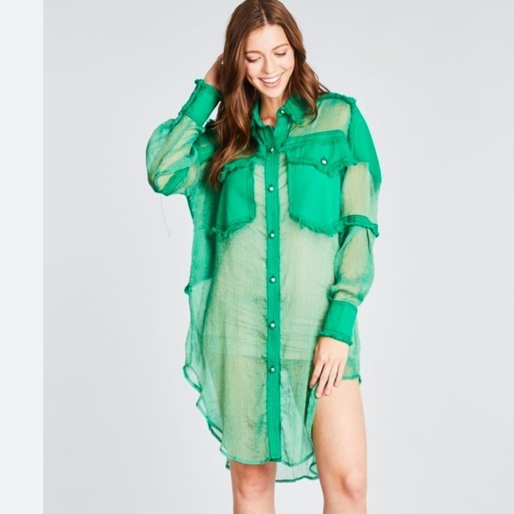 TOV Los Angeles Green Sheer Button-Down Shirt with Frayed Detailing Pockets M